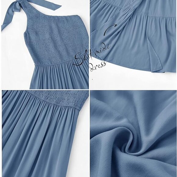 Women's Summer One Shoulder Sleeveless Knot Smocked Midi Dress Split Tiered Flow - Picture 4 of 6